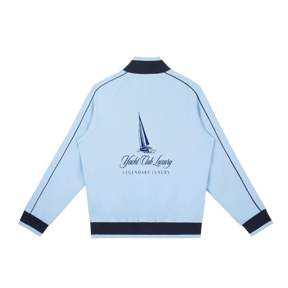 Yacht Club Luxury Color Block Raglan Zip Track Jacket — detail shot, color-block panels and zip, premium coastal luxury clothing