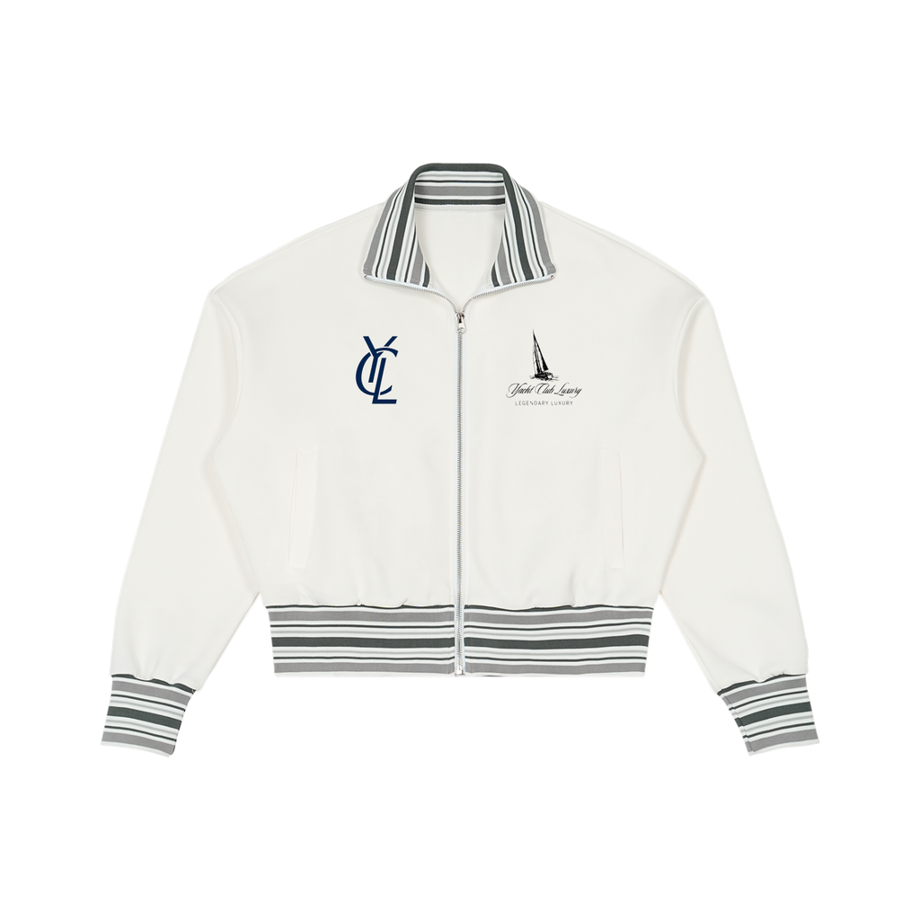 Yacht Club Luxury Striped Rib Collar Zip Jacket — front view, striped rib collar detail, coastal varsity streetwear outerwear