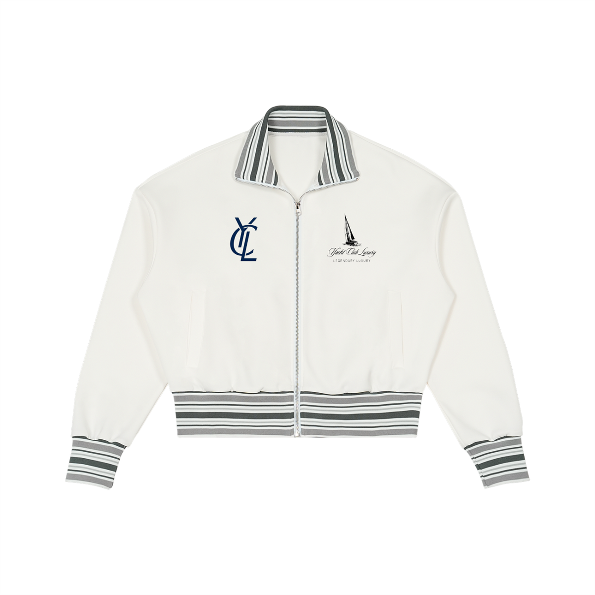 Yacht Club Luxury Striped Rib Collar Zip Jacket — front view, striped rib collar detail, coastal varsity streetwear outerwear