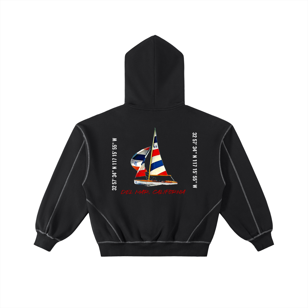 Yacht Club Luxury Contrast-Stitched Boxy Fleece Zip Hoodie — back view, dropped-shoulder fit, heavyweight unisex fleece hoodie