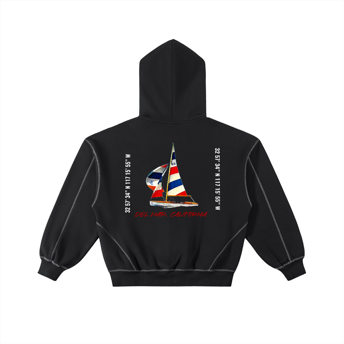 Yacht Club Luxury Contrast-Stitched Boxy Fleece Zip Hoodie — back view, dropped-shoulder fit, heavyweight unisex fleece hoodie