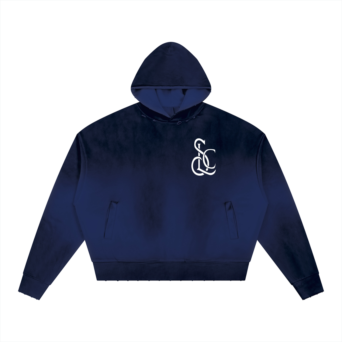 Yacht Club Luxury Unisex Sunfade Distressed Boxy Hoodie — front view, hand-distressed sunfade wash, retro varsity luxury streetwear