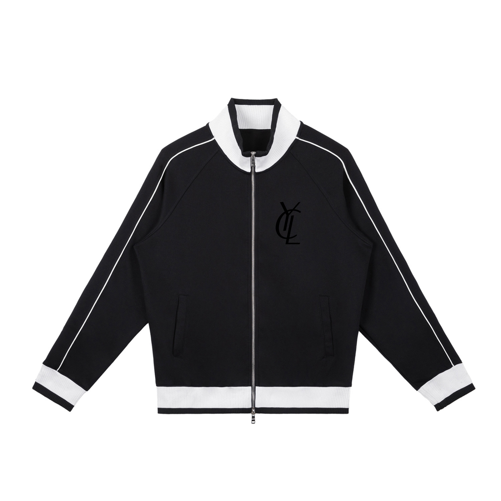 1: Yacht Club Luxury cream and navy color block raglan zip track jacket — front view, varsity ribbed trim, retro luxury streetwear