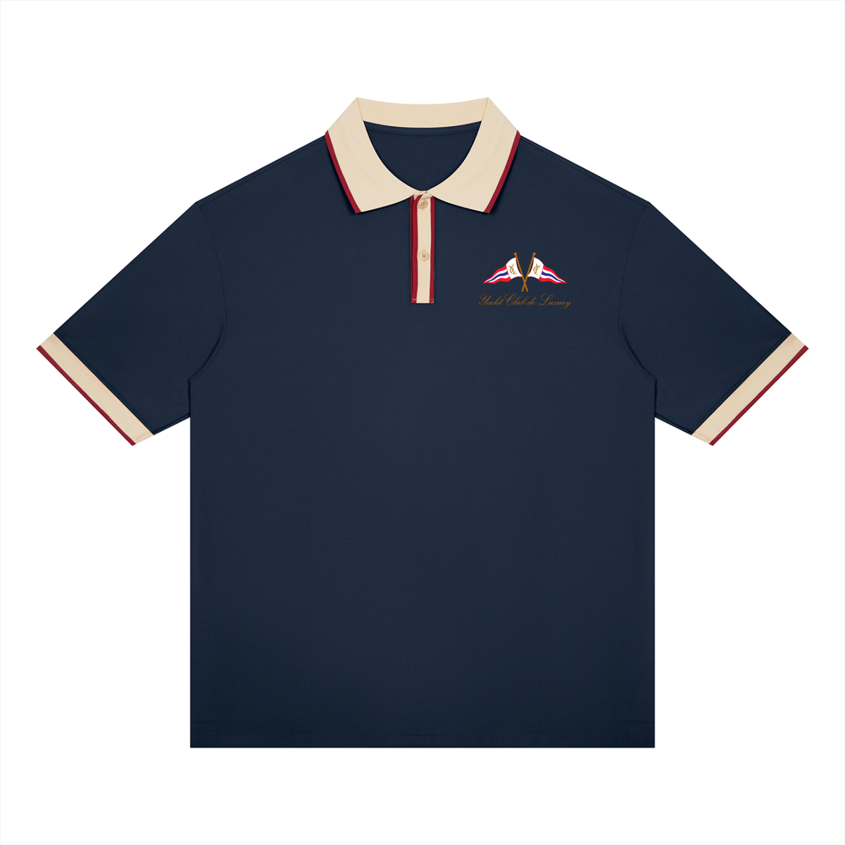 Yacht Club Luxury Color Block Polo — flat lay, color-block panels, coastal luxury clothing