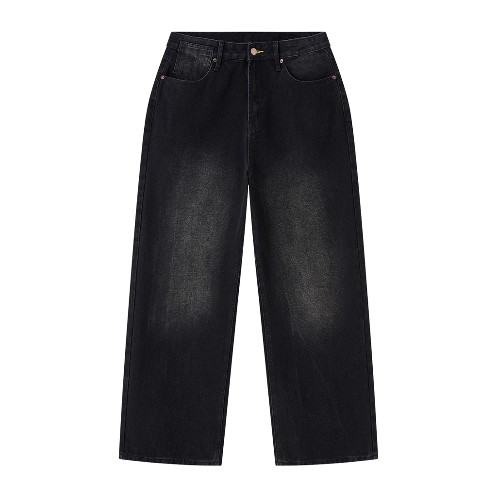 Yacht Club Luxury Washed Black Baggy Jeans — front view, wide-leg vintage fade, retro varsity luxury streetwear denim