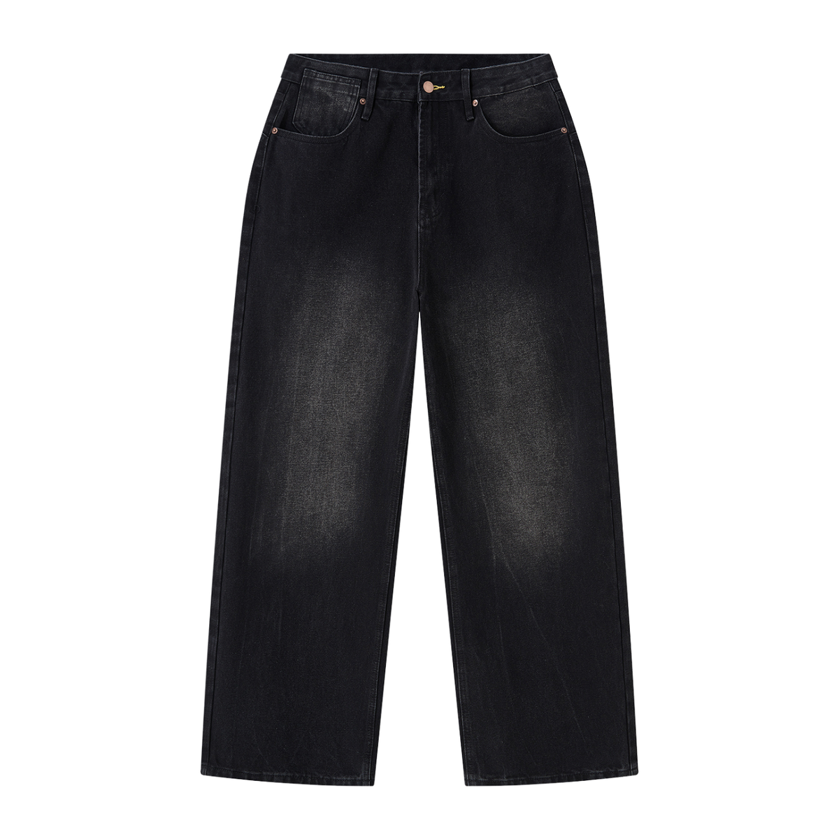Yacht Club Luxury Washed Black Baggy Jeans — front view, wide-leg vintage fade, retro varsity luxury streetwear denim
