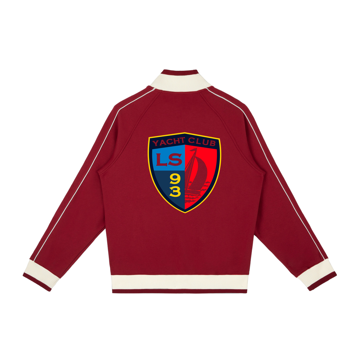 4: Yacht Club Luxury color block zip track jacket — back view, raglan sleeve construction, retro varsity premium outerwear