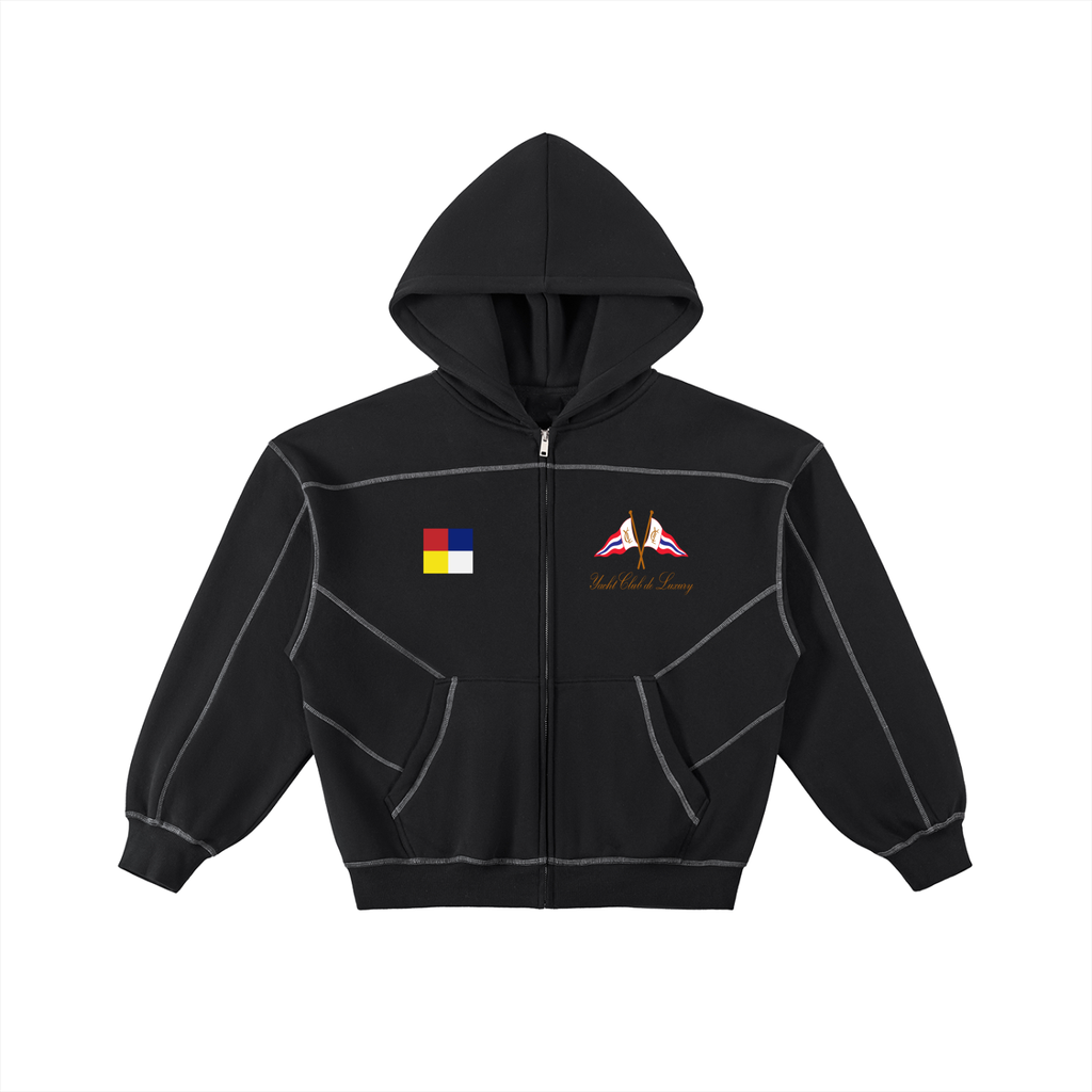 Yacht Club Luxury Contrast-Stitched Boxy Fleece Zip Hoodie — front view, contrast stitching detail, nautical luxury streetwear