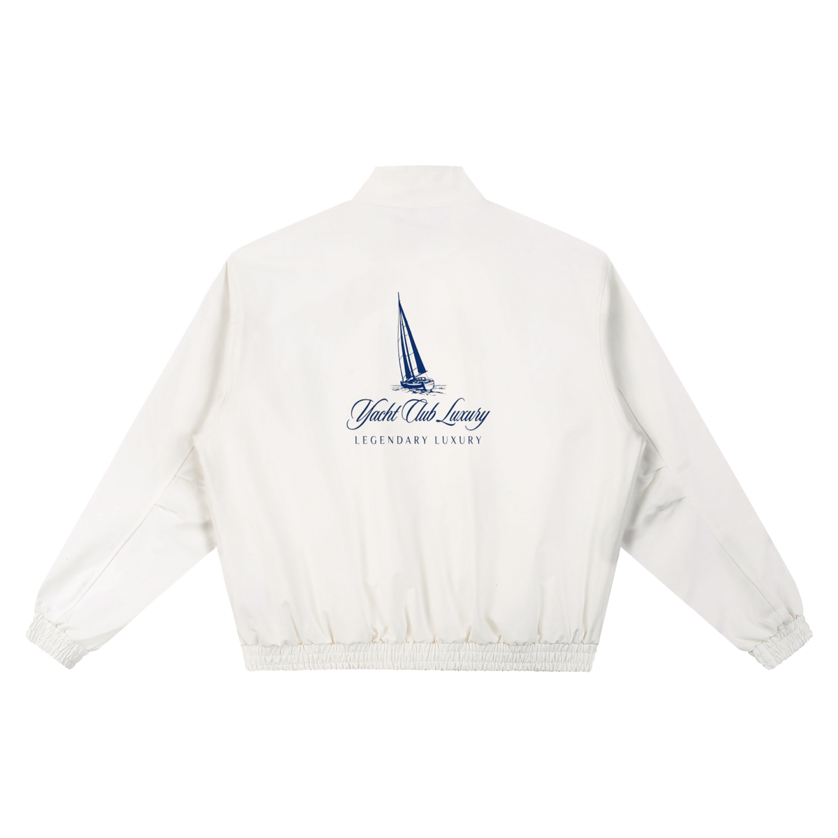 Yacht Club Luxury Stand Collar Bomber Jacket — detail shot, collar and zip hardware, premium luxury streetwear outerwear
