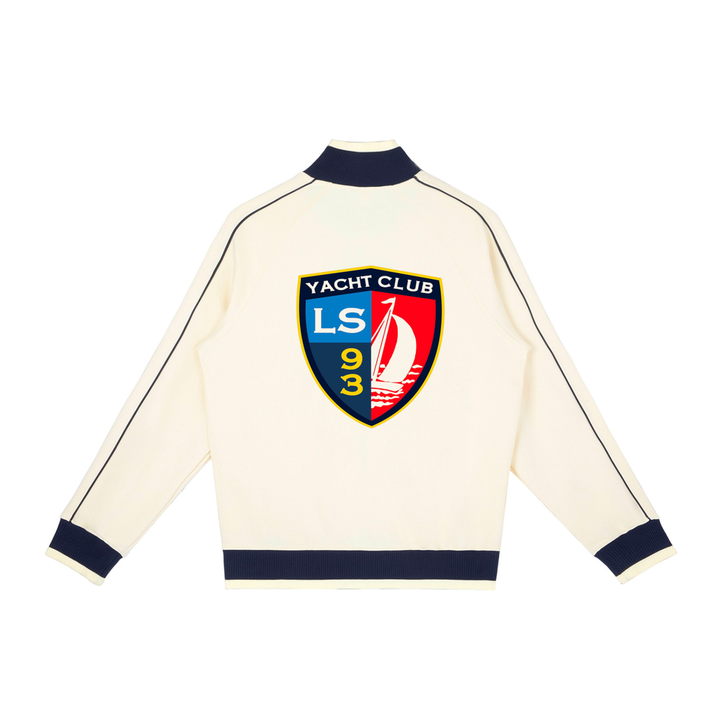 6: Yacht Club Luxury color block raglan track jacket styled — nautical luxury streetwear, premium heavyweight fabric