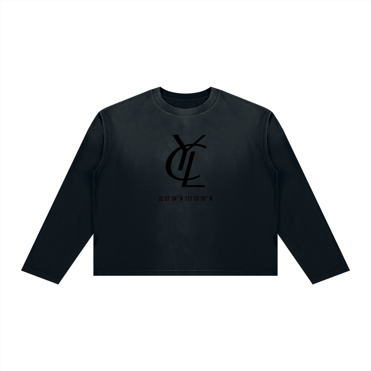 Yacht Club Luxury Unisex Sunfade Boxy Long Sleeve T-Shirt — front view, vintage sun-fade wash, retro varsity streetwear