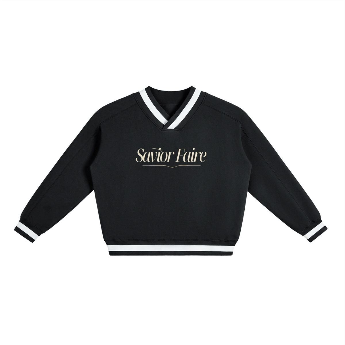 Yacht Club Luxury V-Neck Contrast Collar Boxy Sweatshirt — front view, Savoir Faire DTF print, midnight black heavyweight fleece