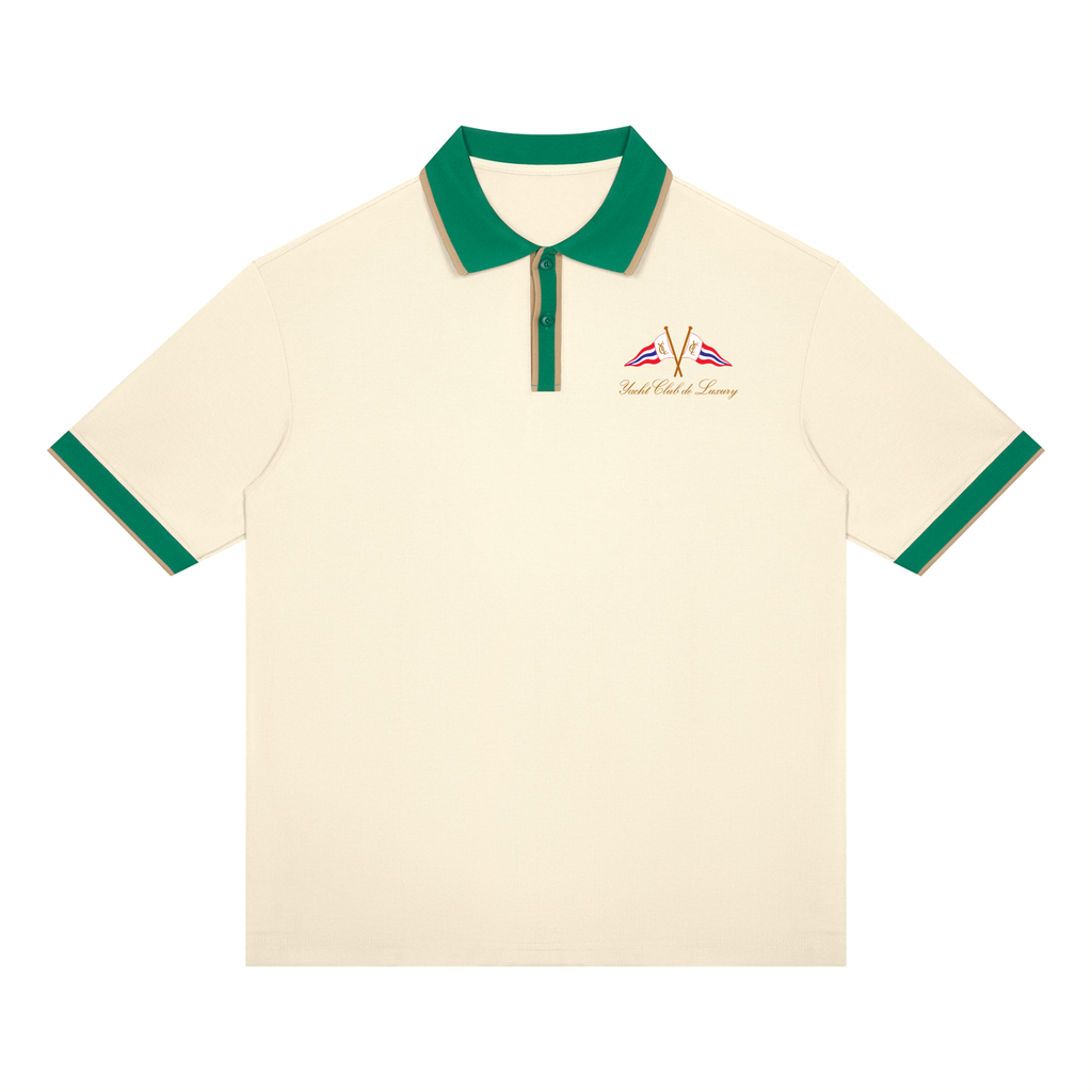 Yacht Club Luxury Color Block Polo — styled shot, retro varsity aesthetic, premium unisex polo