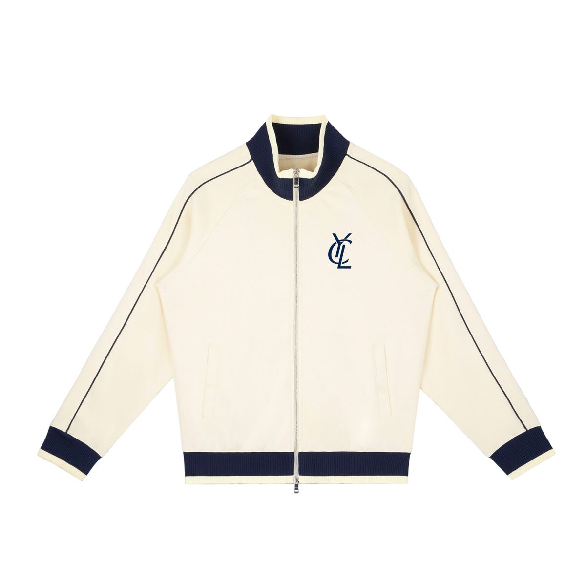 Yacht Club Luxury Color Block Raglan Sleeve Zip Track Jacket — front view, two-tone color-blocking, retro varsity luxury streetwear