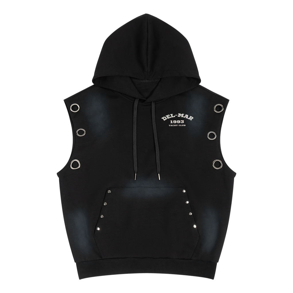 Yacht Club Luxury Unisex Vintage Wash Sunfade Sleeveless Hoodie — front view, oversized boxy fit, luxury streetwear