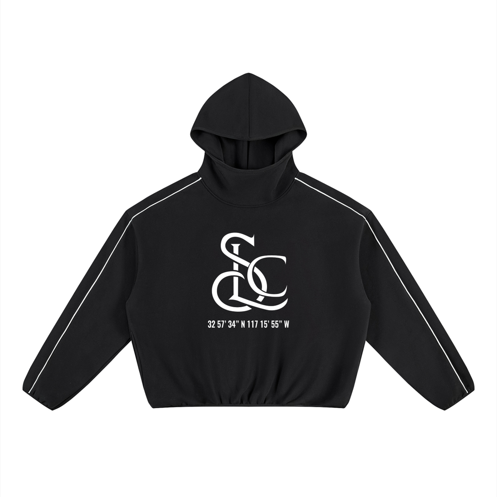 Yacht Club Luxury Unisex Boxy Piping Fleece Hoodie — front view, contrast piping detail, retro varsity luxury streetwear