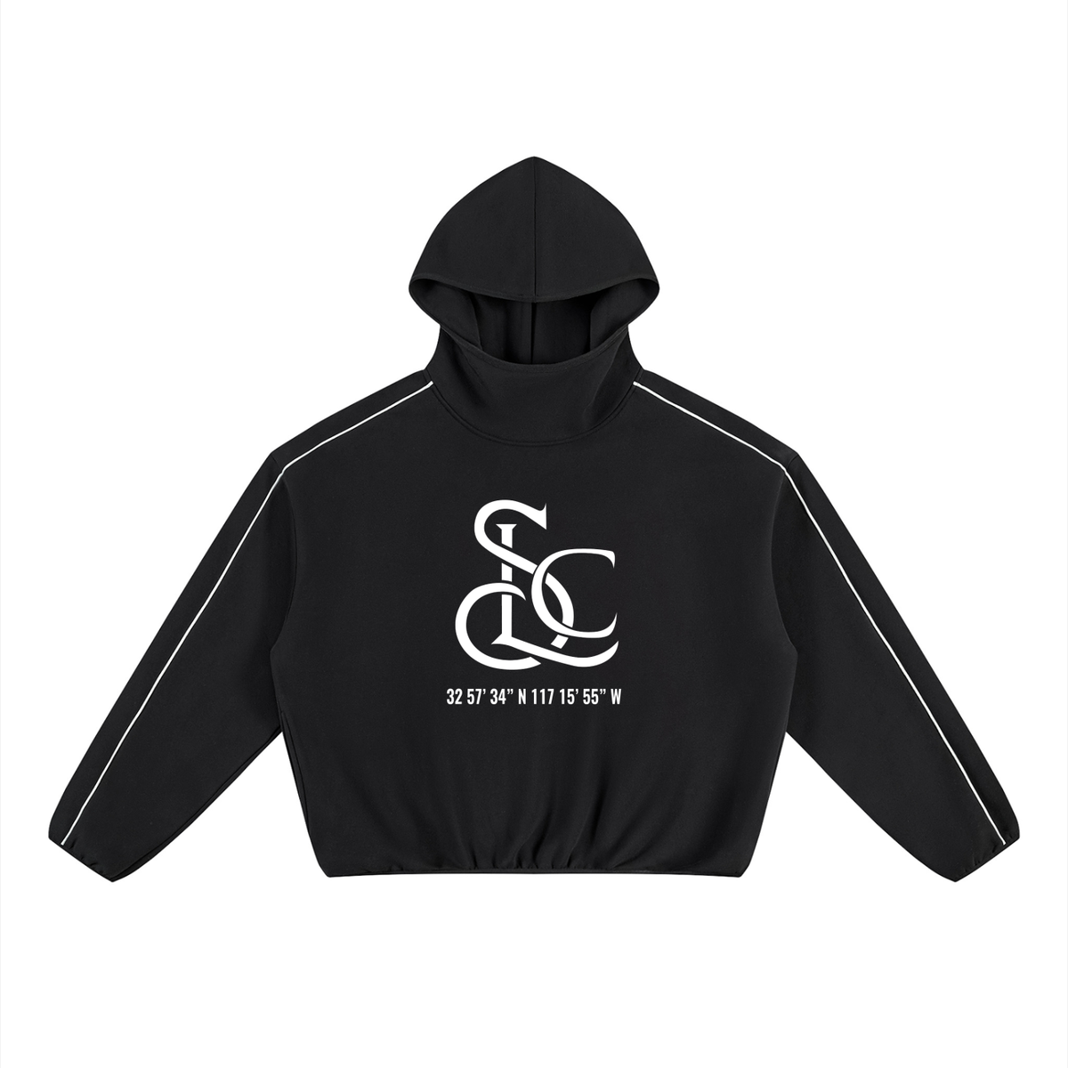 Yacht Club Luxury Unisex Boxy Piping Fleece Hoodie — front view, contrast piping detail, retro varsity luxury streetwear