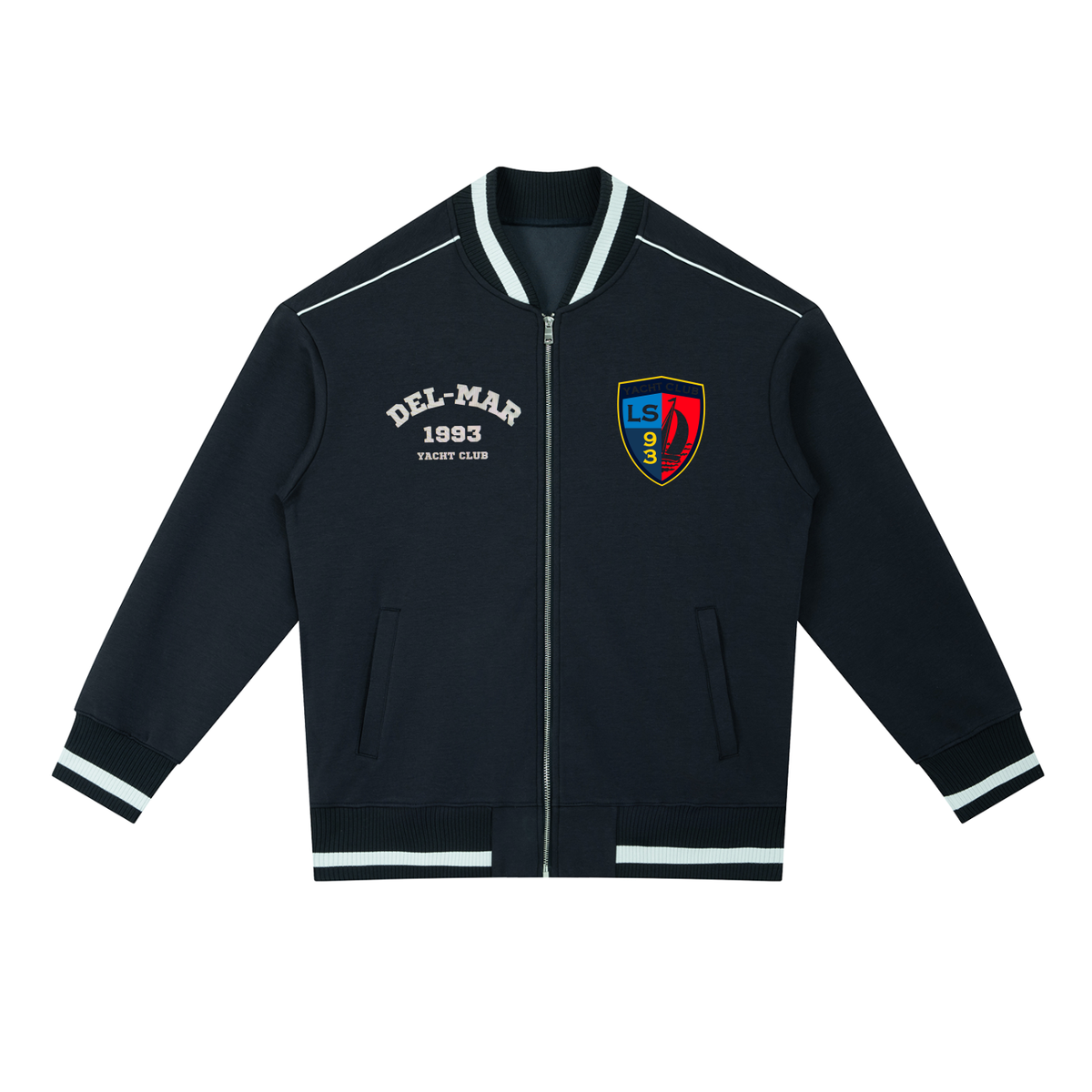 Yacht Club Luxury Contrast Piping Zip Bomber Jacket — front view, varsity contrast piping, coastal luxury streetwear outerwear