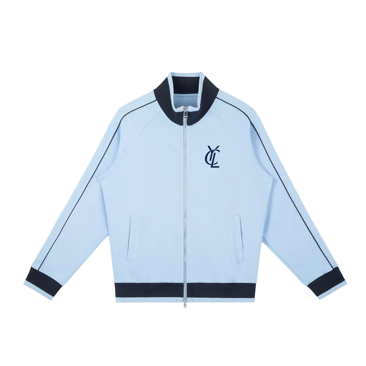 Yacht Club Luxury Color Block Raglan Zip Track Jacket — styled shot, varsity aesthetic, premium unisex luxury fashion