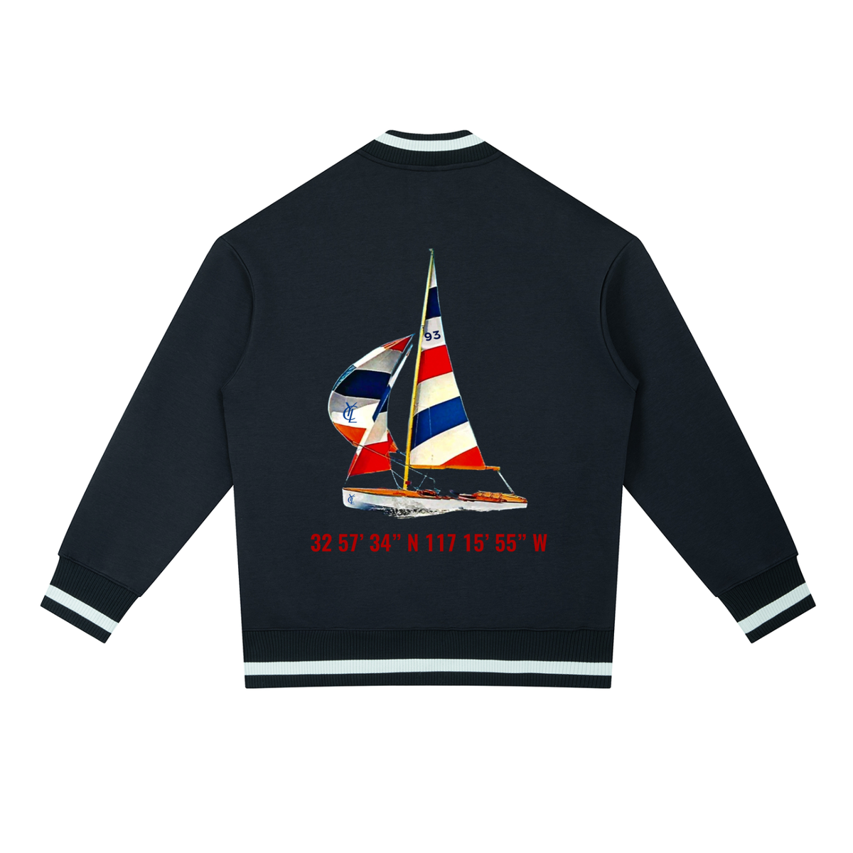 Yacht Club Luxury Contrast Piping Zip Bomber Jacket — back view, boxy unisex fit, premium retro varsity bomber jacket