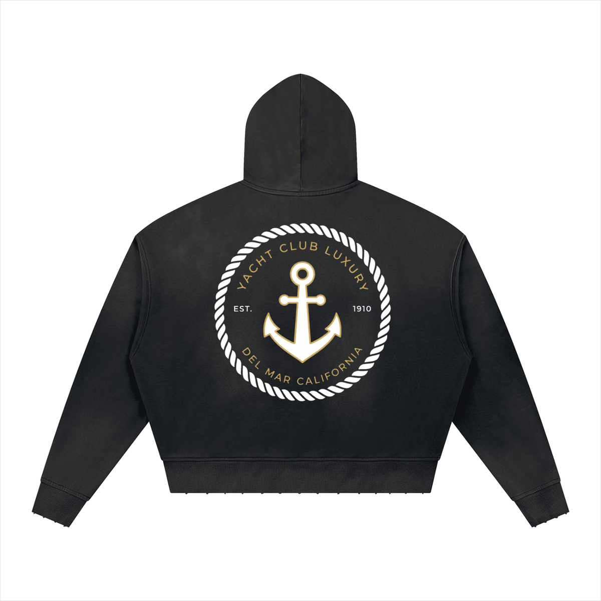 Yacht Club Luxury Sunfade Distressed Boxy Hoodie — detail shot, distressed finish quality, heavyweight fleece coastal fashion