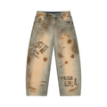 Yacht Club Luxury Men's Vintage Wash Barrel Leg Jeans — front view, hand-distressed denim, retro varsity old money aesthetic