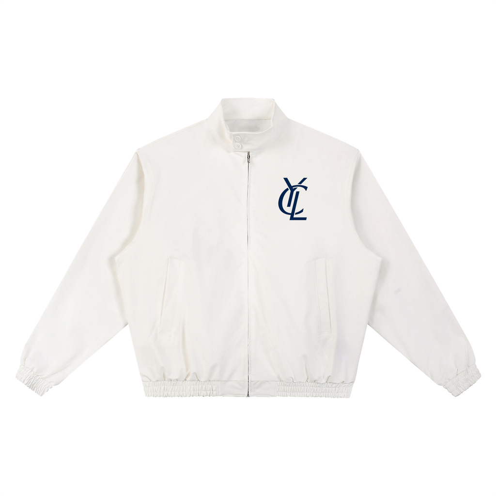Yacht Club Luxury Stand Collar Bomber Jacket — styled shot, retro varsity aesthetic, luxury bomber jacket