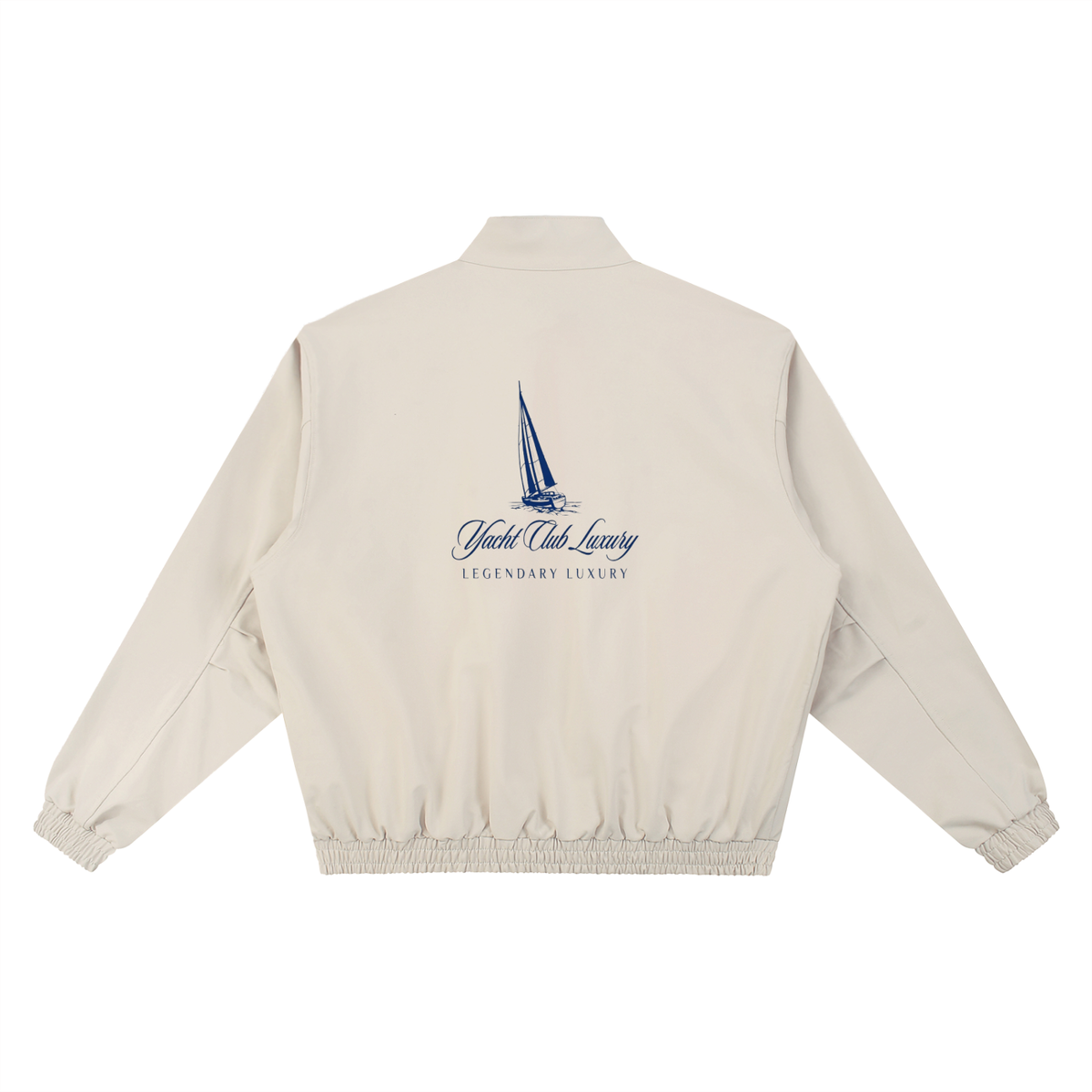 Yacht Club Luxury Stand Collar Bomber Jacket — back view, premium outerwear construction, unisex coastal luxury fashion