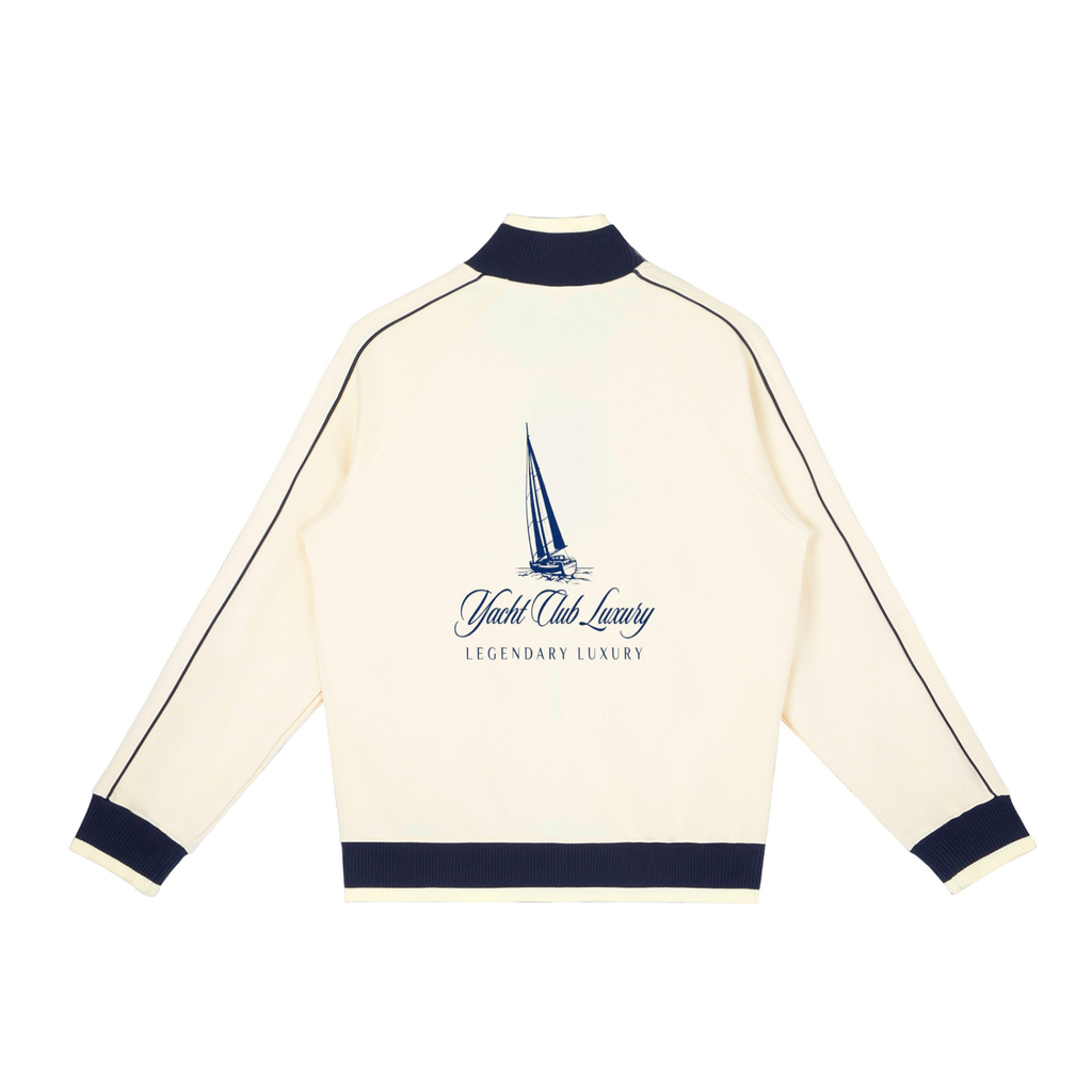 Yacht Club Luxury Color Block Raglan Sleeve Zip Track Jacket — back view, raglan sleeve construction, coastal luxury outerwear