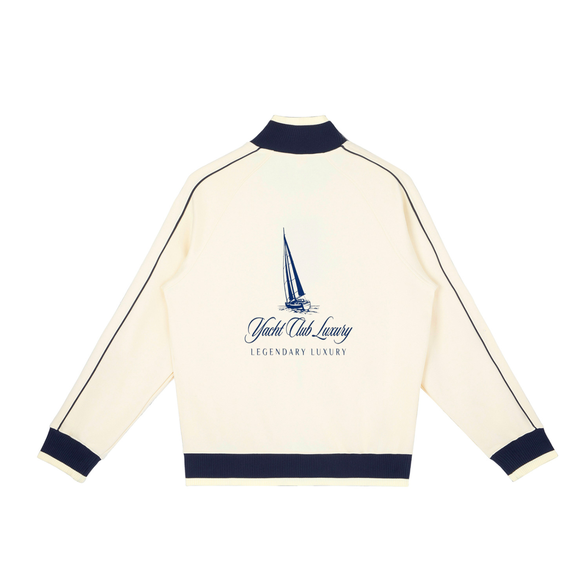 Yacht Club Luxury Color Block Raglan Sleeve Zip Track Jacket — back view, raglan sleeve construction, coastal luxury outerwear