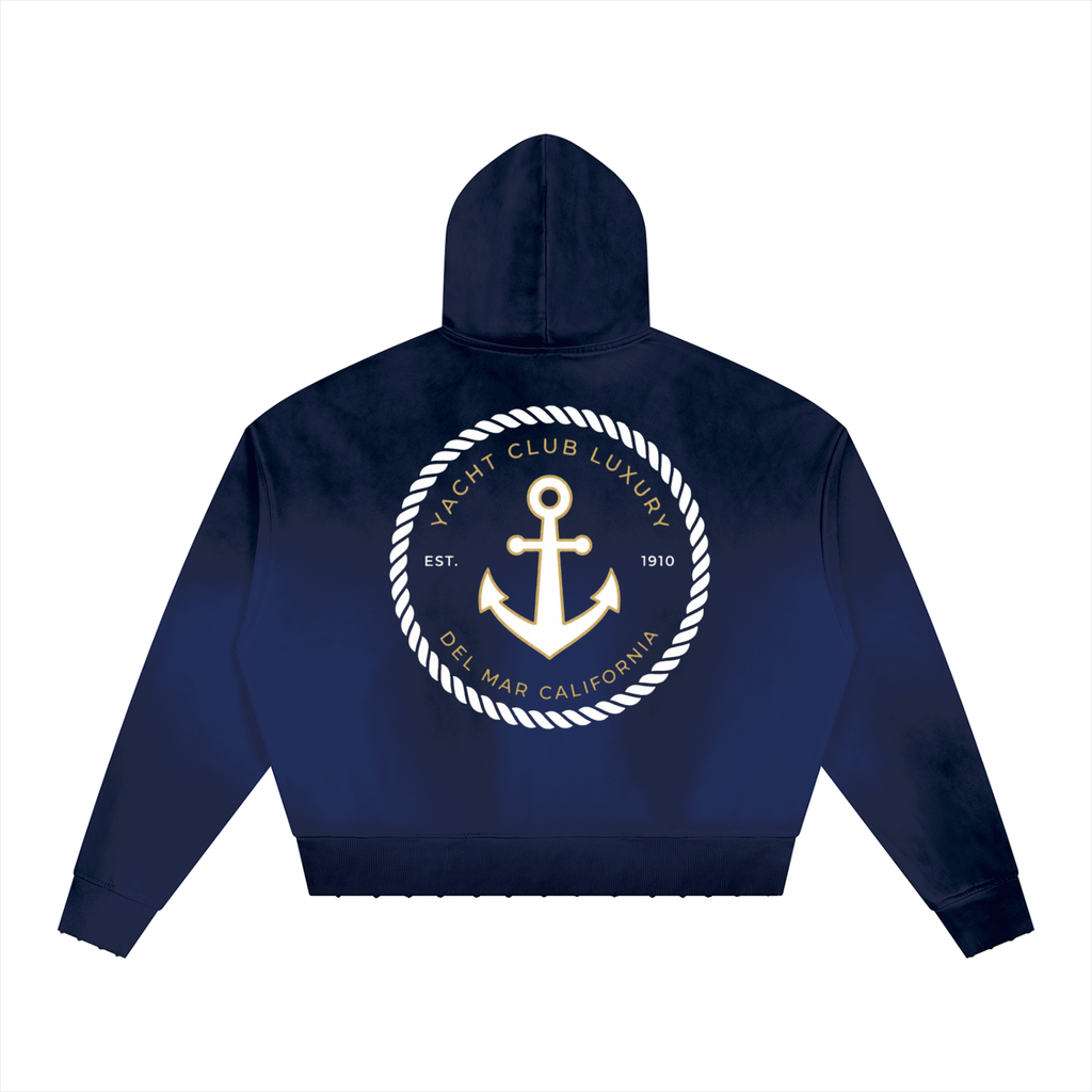 Yacht Club Luxury Unisex Sunfade Distressed Boxy Hoodie — back view, boxy heavyweight fleece, unisex coastal luxury fashion