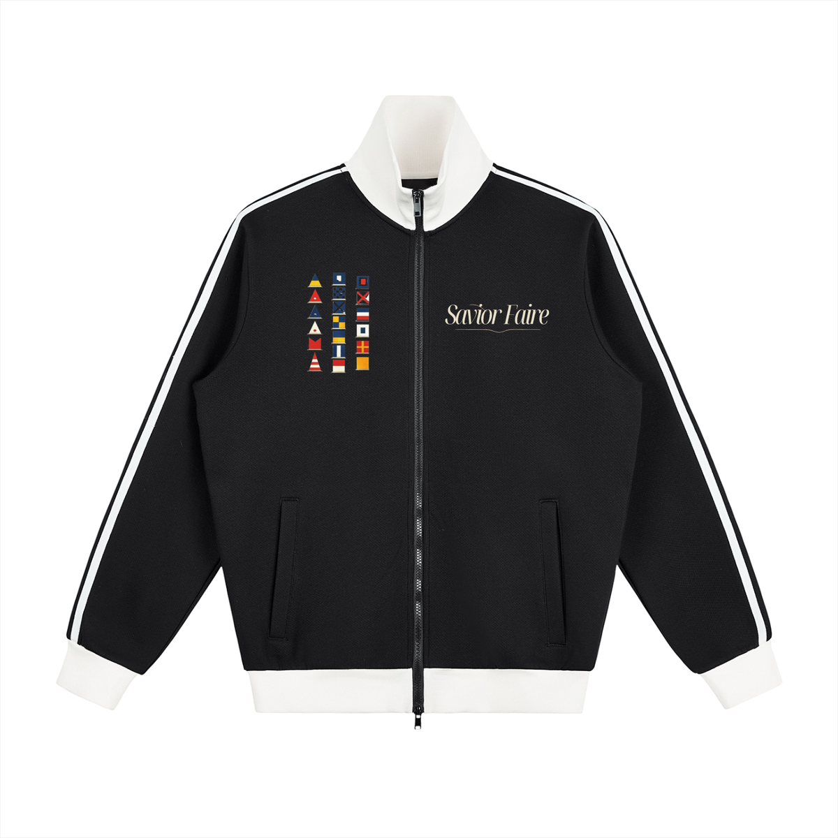 Yacht Club Luxury Contrast Side Stripe Fleece Track Jacket — front view, bold contrast side stripes, retro varsity luxury streetwear