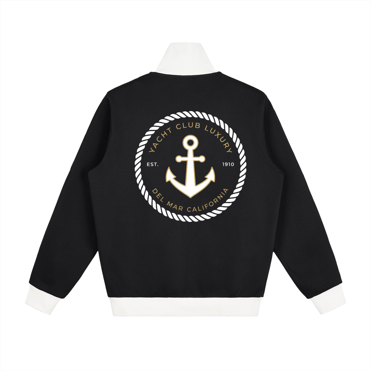 Yacht Club Luxury Contrast Side Stripe Fleece Track Jacket — back view, premium fleece construction, coastal luxury track jacket