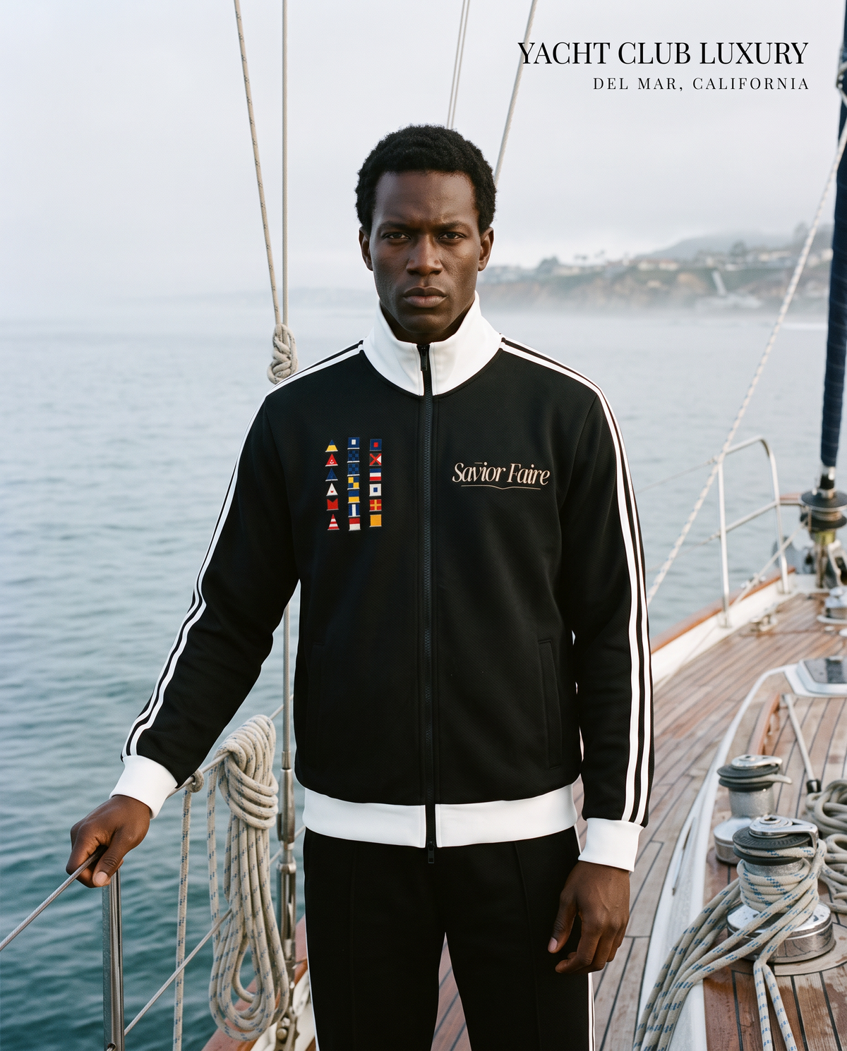 Yacht deck on a crisp morning off the coast of Del Mar, California. Black male model wearing  Contrast Side Stripe Fleece Track Jacket | Yacht Club Luxury, cinematic lighting, Playfair Display typography overlay" Run 3–4 variations. Choose the frame with the most tension. @Contrast Side Stripe Fleece Track Jacket | Yacht Club Luxury